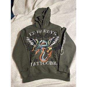 Ed Hardy Hoodie Mens MediumGreen Dragon Tiger Fleece Pullover Sweater Y2K NWT